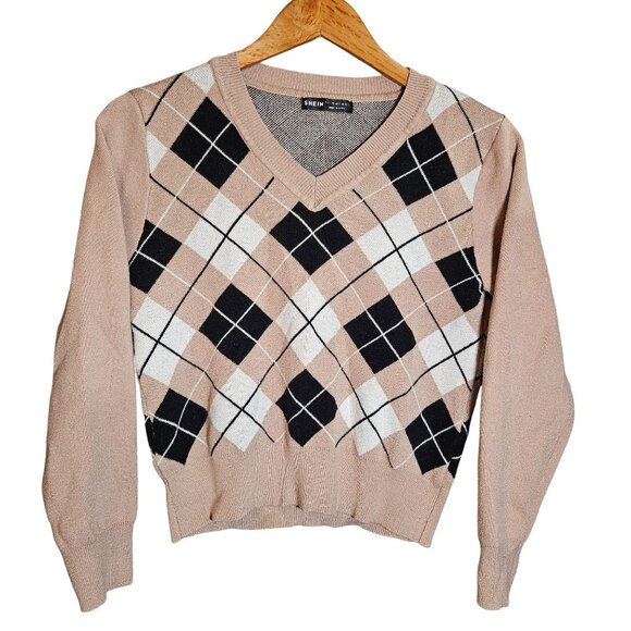 Argyle V-Neck Sweater SHEIN Womens Beige & Black Knitted 8 Light Academia Preppy - Picture 2 of 11